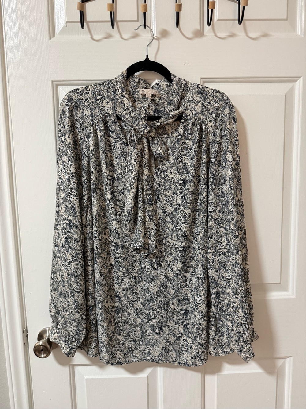 Tie-Neck Paisley Long-Sleeve Blouse - Cream & Black 1X